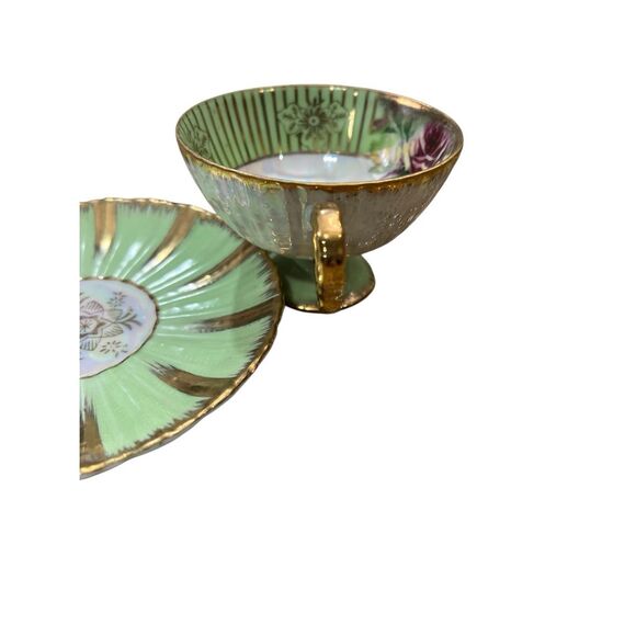 Vintage Royal Sealy Teacup & Saucer Mint Green Gold Iridescent Roses Japan Rare - Picture 13 of 16